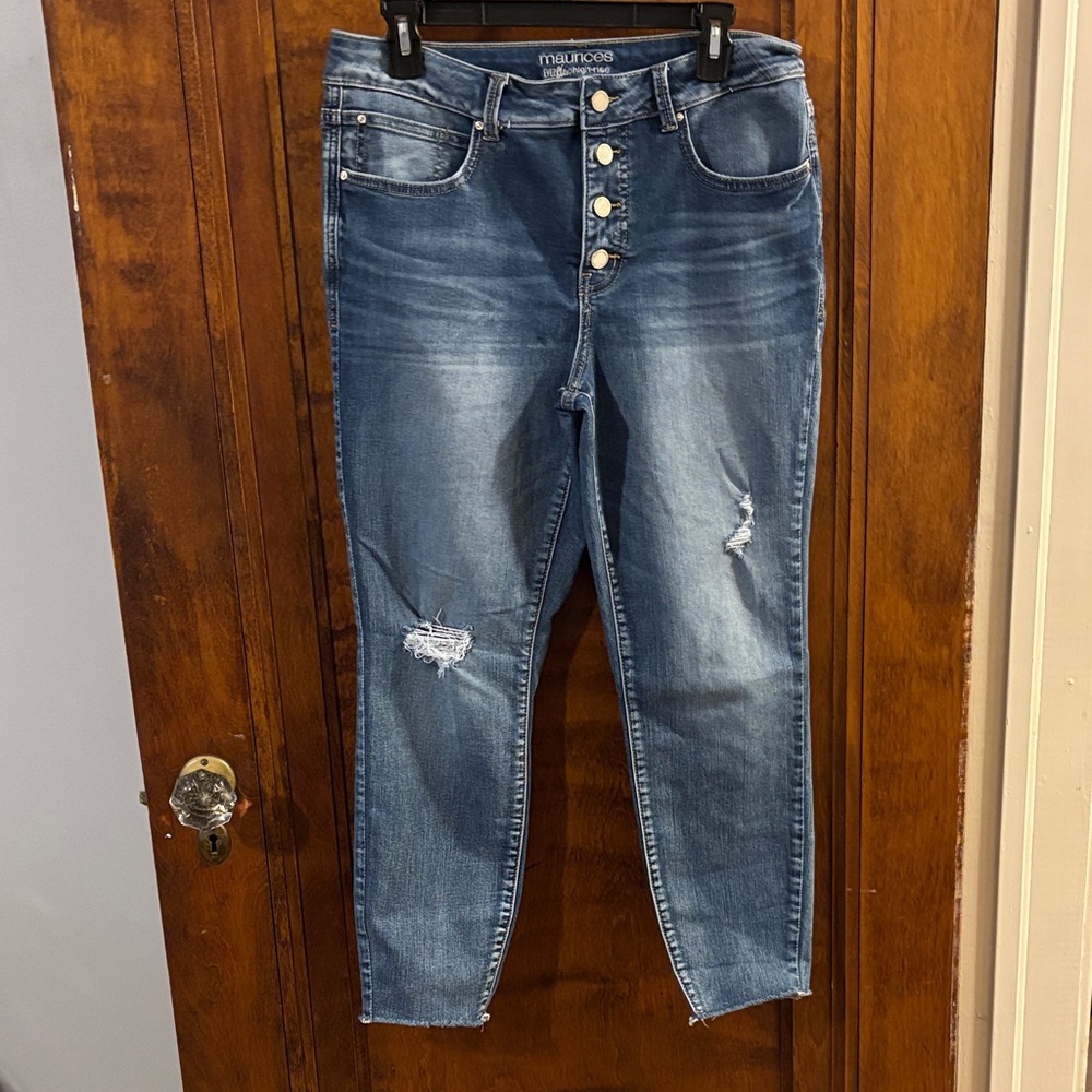 Maurices Ever Flex High Rise Blue Jeans with Distressed Details Size 12